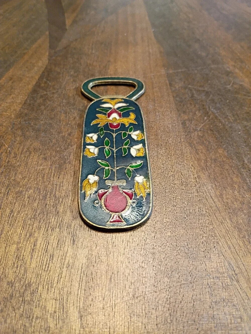 Vintage Cloisonné Floral Brass Bottle Opener Blue Enamel Barware 4.5
